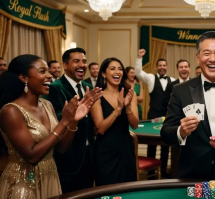 Uczestnicy świętujący zwycięstwo przy stole pokerowym