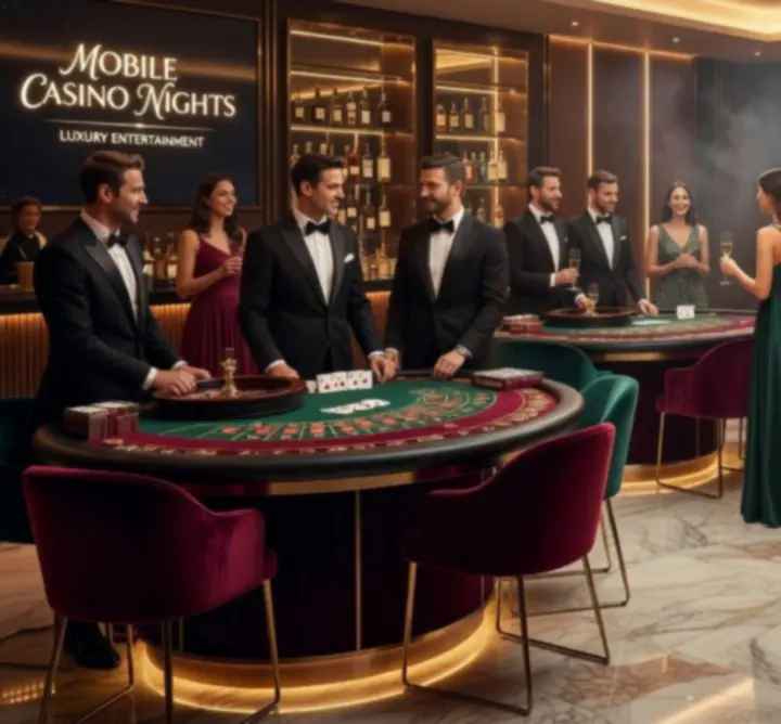 Stylowy mobilny event kasynowy z eleganckimi stołami i oświetleniem