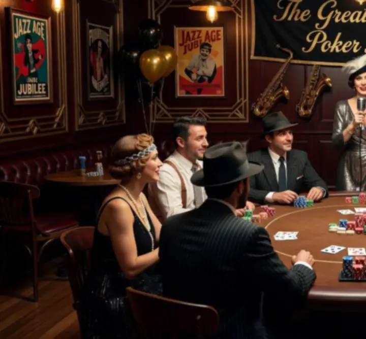 Tematyczny wieczór pokerowy z dekoracjami i gośćmi przy stołach